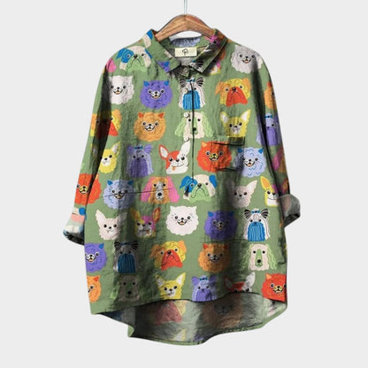 Milla | Dog Print Button Down Collared Long Sleeve Casual Blouse