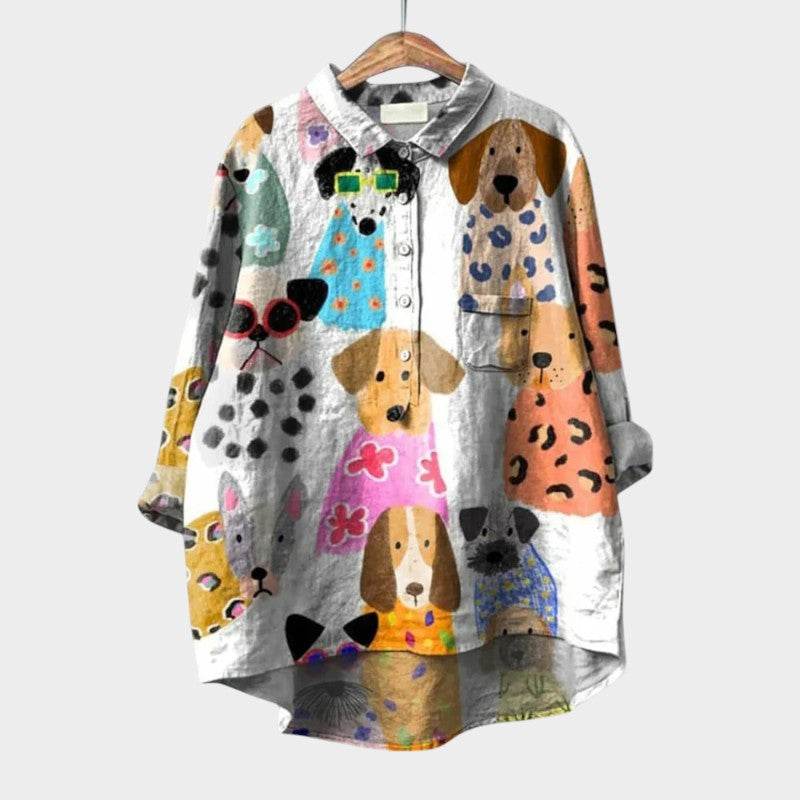 Milla | Dog Print Button Down Collared Long Sleeve Casual Blouse
