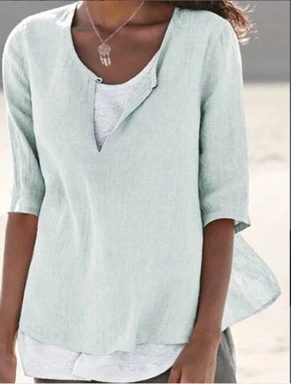 Maya | 3/4 Sleeve Split Neck Layered Hem Linen Blend Casual Top