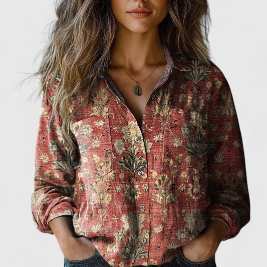 Delanoviah | Vintage Floral Lapel Collar Long Sleeve Casual Boho Blouse