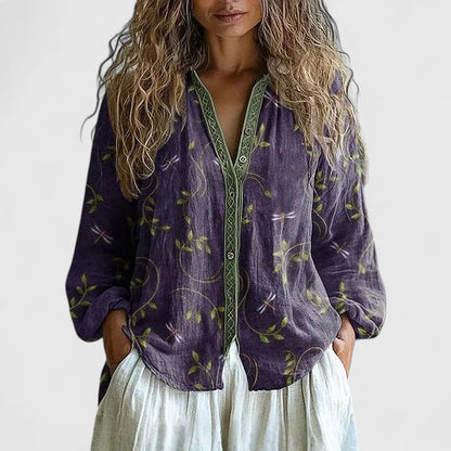 Mykayla | V Neck Long Sleeve Contrast Trim Printed Boho Linen Blouse