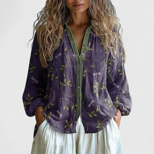 Mykayla | V Neck Long Sleeve Contrast Trim Printed Boho Linen Blouse