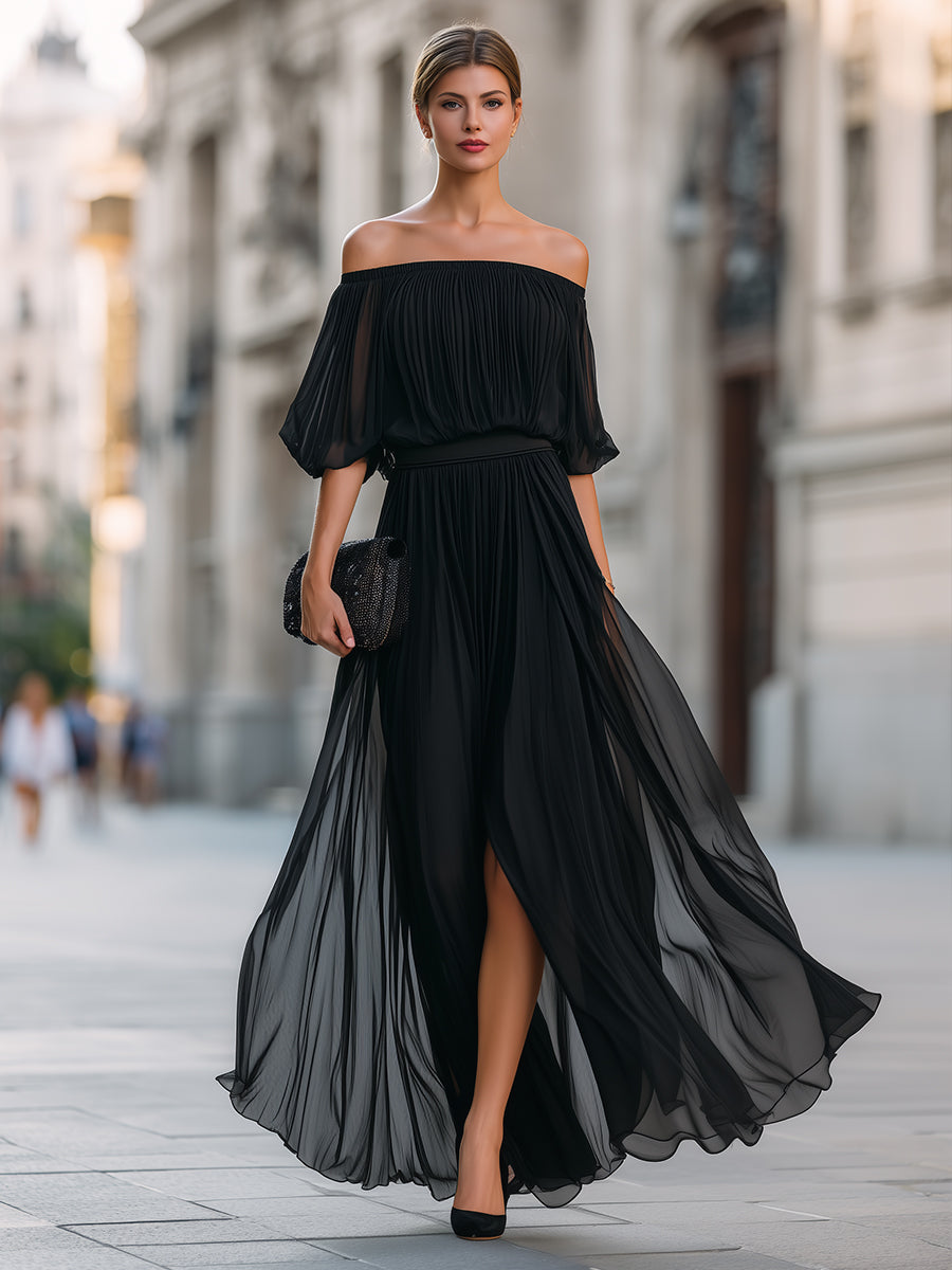 Celina | Women's Off Shoulder Pleated Chiffon Formal Wedding Guest Maxi Dress