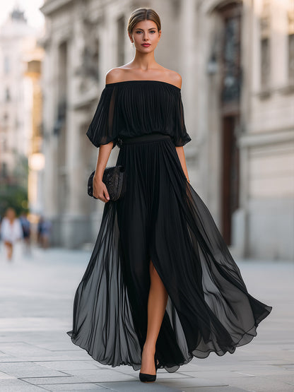 Celina | Women's Off Shoulder Pleated Chiffon Formal Wedding Guest Maxi Dress