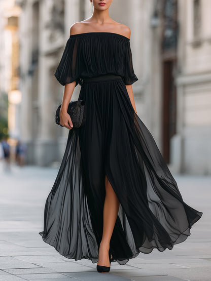 Celina | Women's Off Shoulder Pleated Chiffon Formal Wedding Guest Maxi Dress
