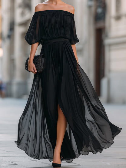 Celina | Women's Off Shoulder Pleated Chiffon Formal Wedding Guest Maxi Dress