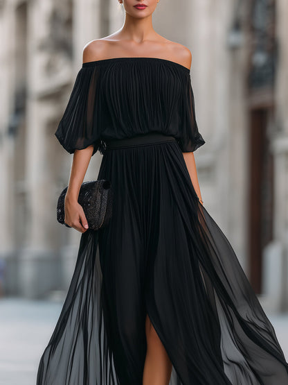 Celina | Women's Off Shoulder Pleated Chiffon Formal Wedding Guest Maxi Dress