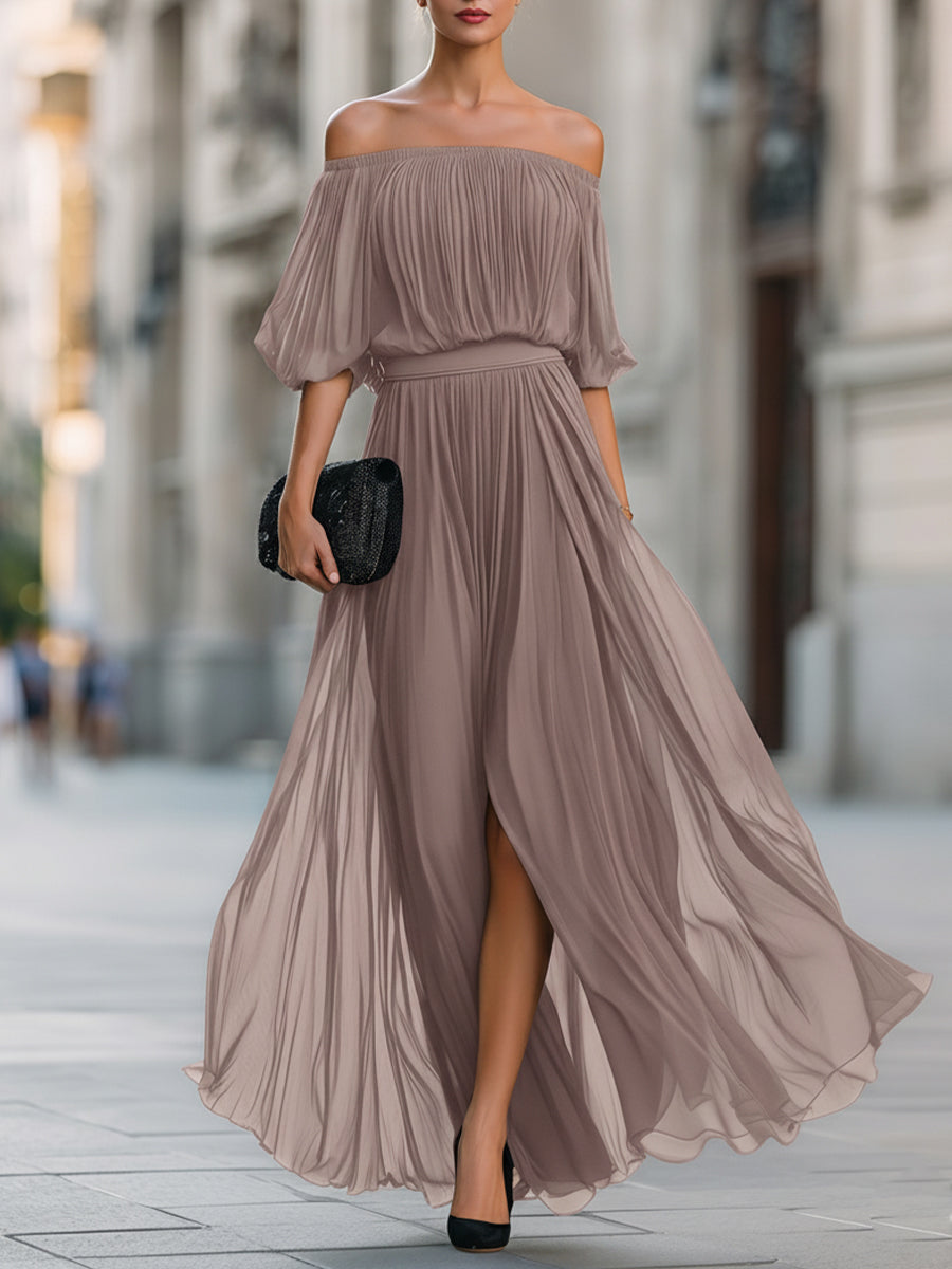 Celina | Women's Off Shoulder Pleated Chiffon Formal Wedding Guest Maxi Dress