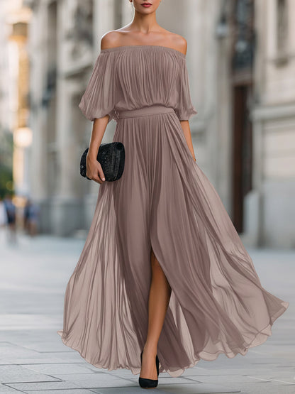 Celina | Women's Off Shoulder Pleated Chiffon Formal Wedding Guest Maxi Dress