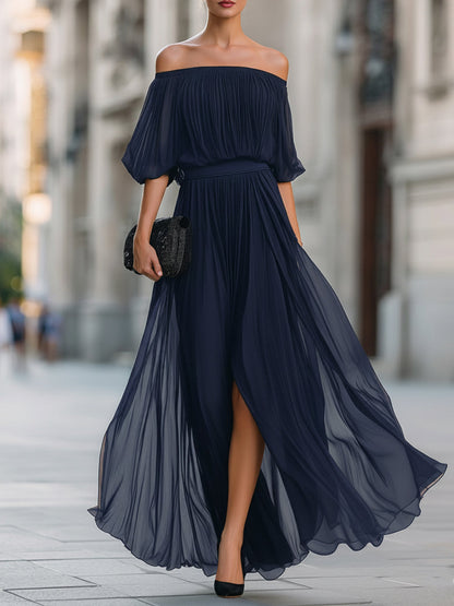 Celina | Women's Off Shoulder Pleated Chiffon Formal Wedding Guest Maxi Dress