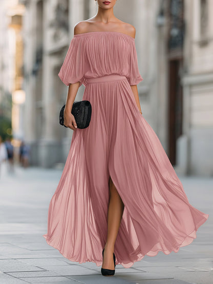 Celina | Women's Off Shoulder Pleated Chiffon Formal Wedding Guest Maxi Dress