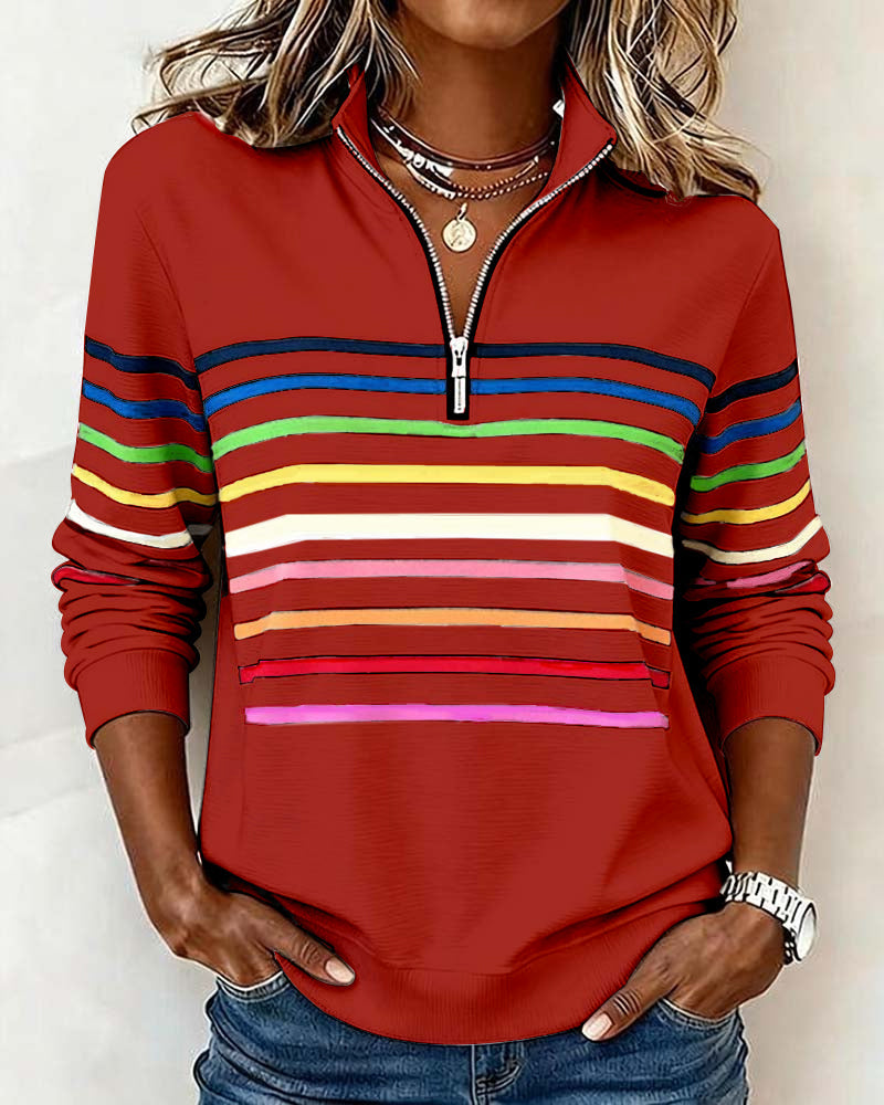 Remi | Multicolor Stripe Quarter Zip Stand Collar Casual Sweatshirt