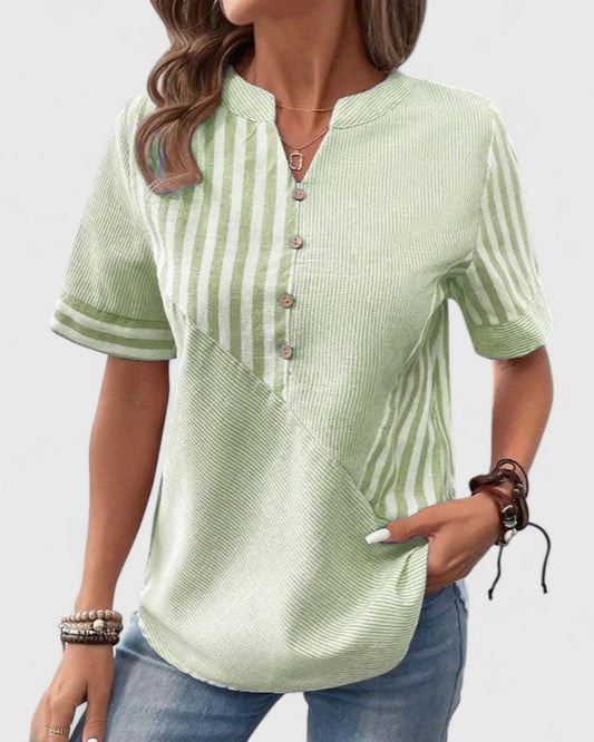 Gigi | Striped Colorblock Short Sleeve Stand Collar Casual Blouse