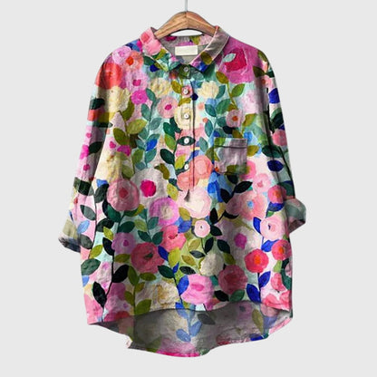 Elly | Watercolor Floral Oversized Long Sleeve Button Down Casual Blouse
