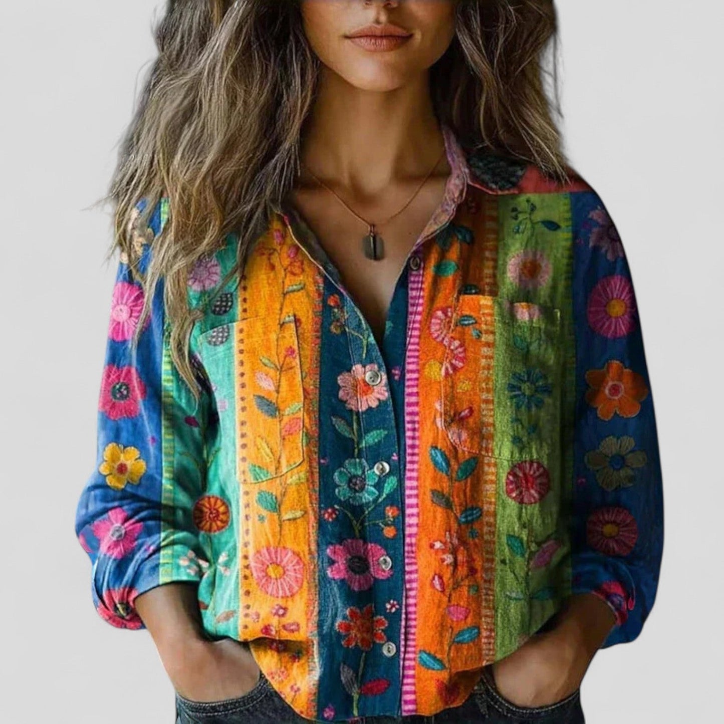Lorenhilde | Colorblock Floral Long Sleeve Button Down Casual Boho Blouse