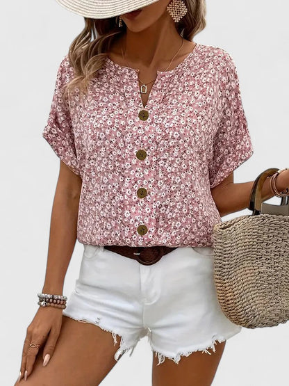 Sabine | Floral Notch Neck Button Front Short Sleeve Casual Summer Top