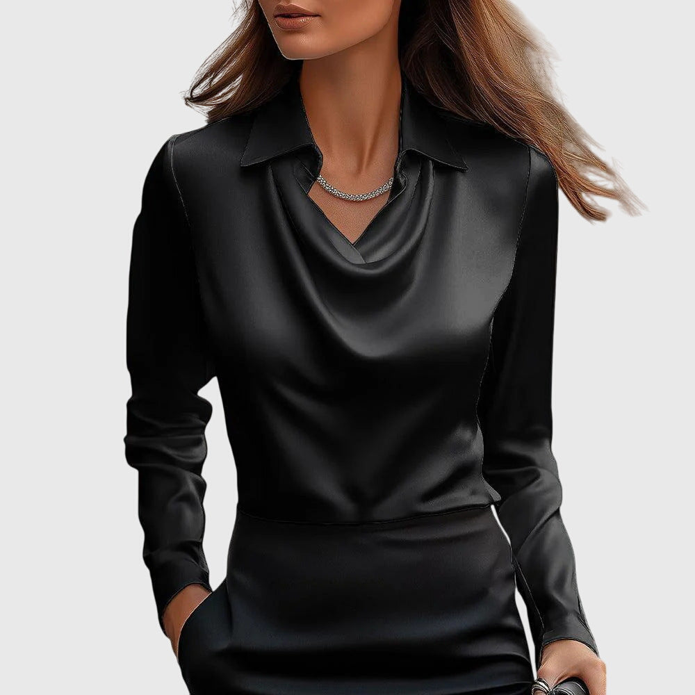 Brooklyn | Satin Draped Cowl Neck Collared Long Sleeve Blouse