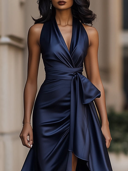 Callie | Women's Satin Halter Wrap Ruffle Hem Evening Maxi Dress