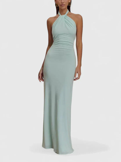 Vera | Twisted Halter Neck Ruched Open Back Bodycon Elegant Maxi Dress