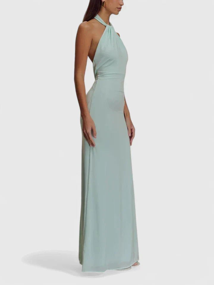 Vera | Twisted Halter Neck Ruched Open Back Bodycon Elegant Maxi Dress