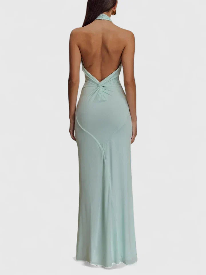 Vera | Twisted Halter Neck Ruched Open Back Bodycon Elegant Maxi Dress