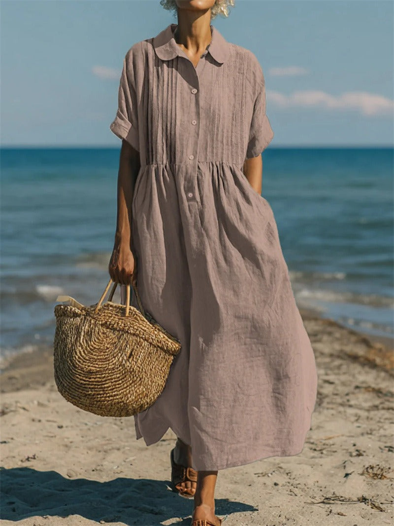 Mandy | Women's Cotton Blend Collared Button Down Relaxed Summer Midi Dress