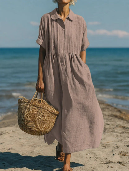 Mandy | Women's Cotton Blend Collared Button Down Relaxed Summer Midi Dress