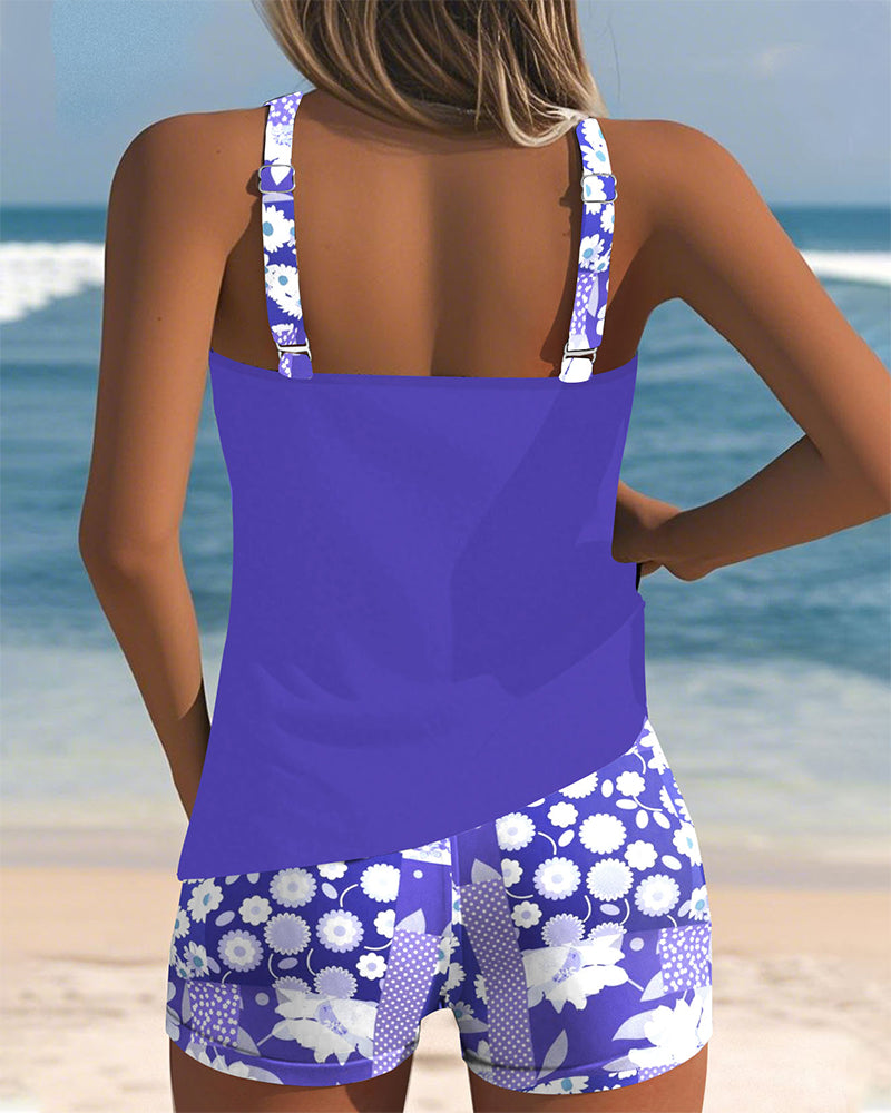 Melanie | Floral Print Racerback Tank Top With Shorts Two Piece Swimsuit