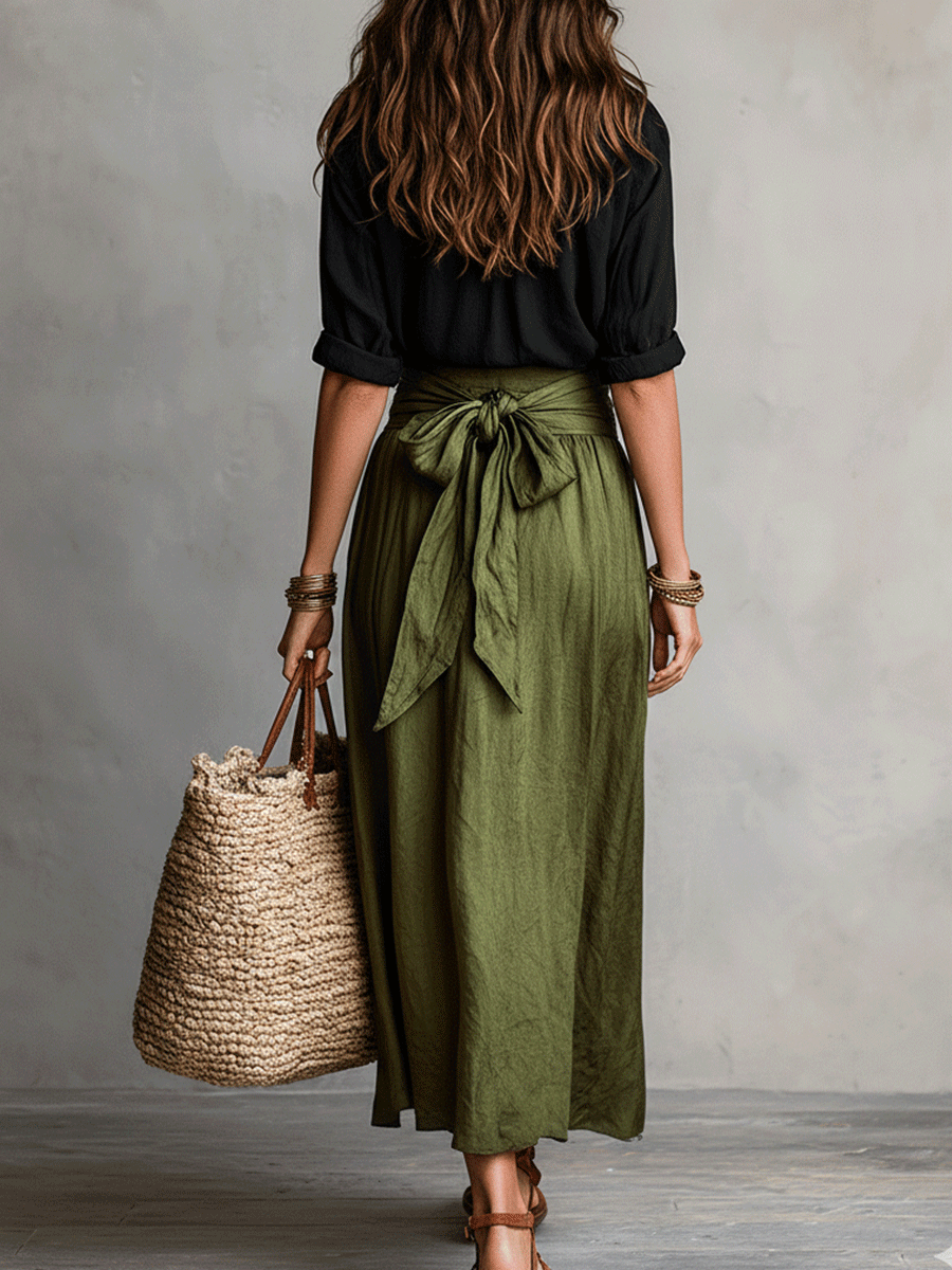 Sage | Women's Boho Button Down Blouse Tie Waist Maxi Skirt Set