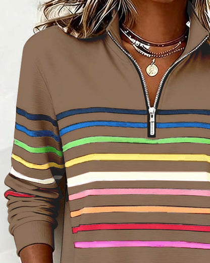 Remi | Multicolor Stripe Quarter Zip Stand Collar Casual Sweatshirt