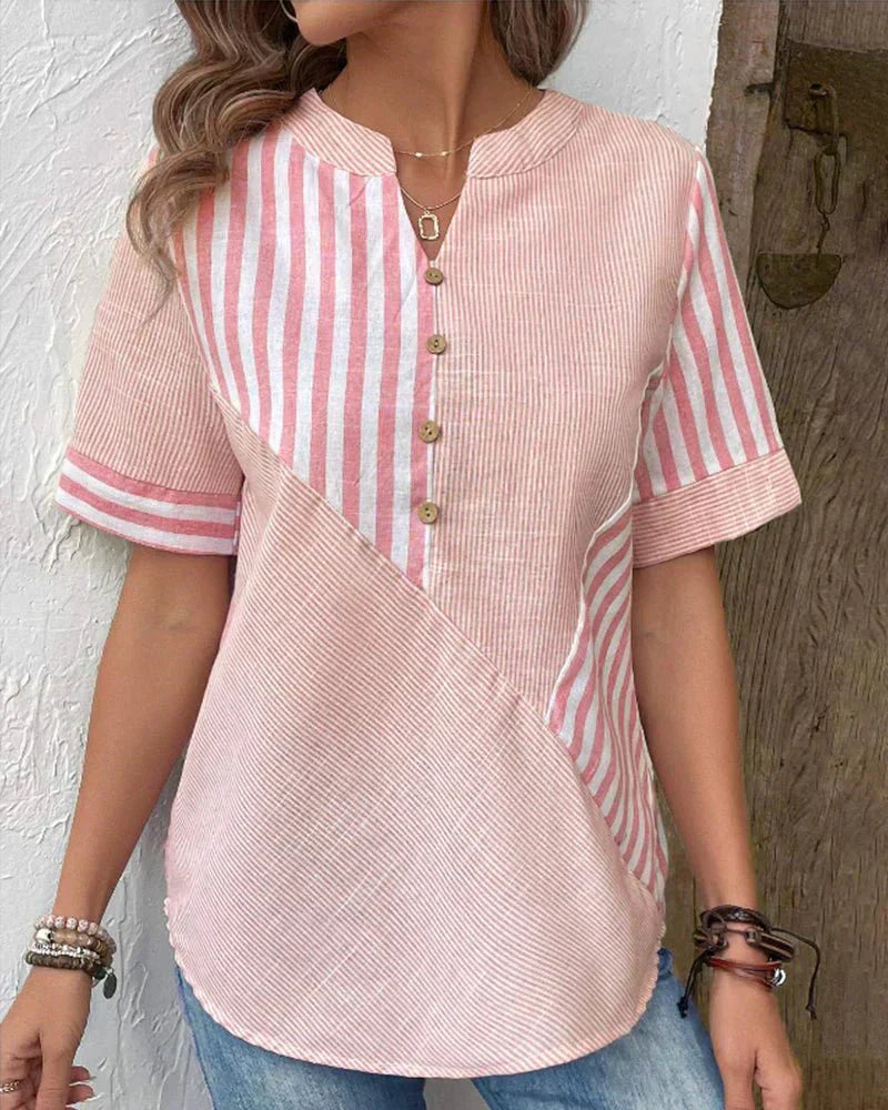 Monroe | Striped Colorblock Short Sleeve Stand Collar Casual Top