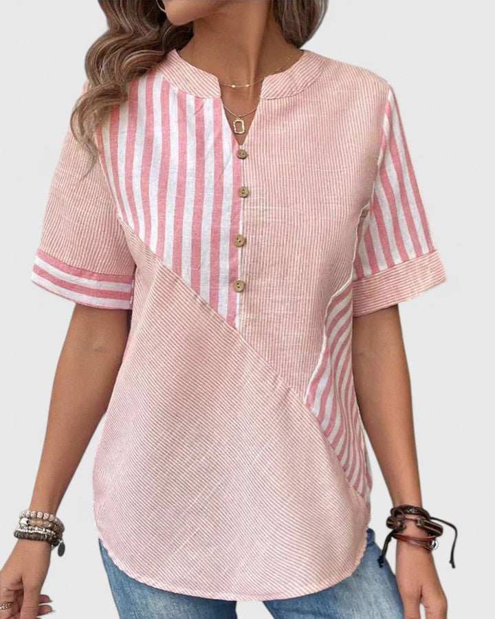 Gigi | Striped Colorblock Short Sleeve Stand Collar Casual Blouse