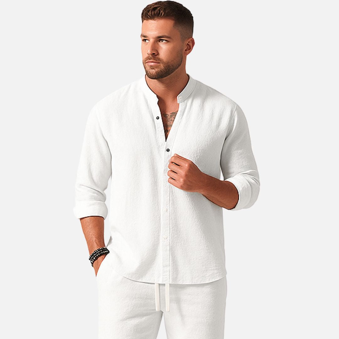 Marco | Band Collar Long Sleeve Shirt Linen Blend Two Piece Set