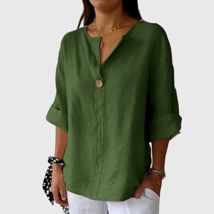 Valentina | V Neck Single Button 3/4 Sleeve Relaxed Casual Blouse
