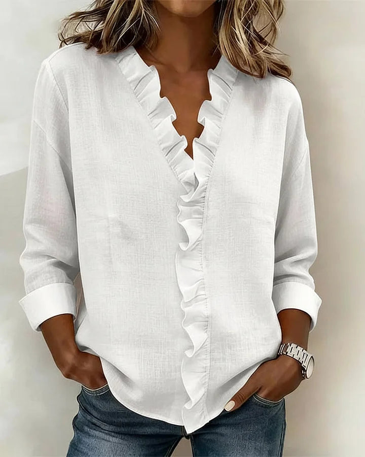 Matilda | Women's Ruffle V Neck Relaxed Long Sleeve Blouse