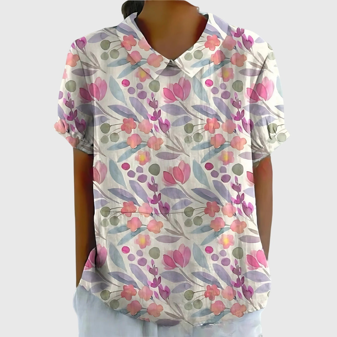 Jenna | Floral Print Collared Short Sleeve Casual Linen Blouse