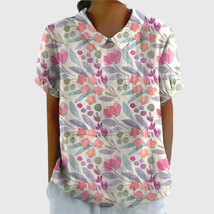 Jenna | Floral Print Collared Short Sleeve Casual Linen Blouse