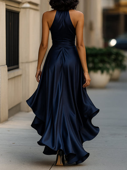Callie | Women's Satin Halter Wrap Ruffle Hem Evening Maxi Dress
