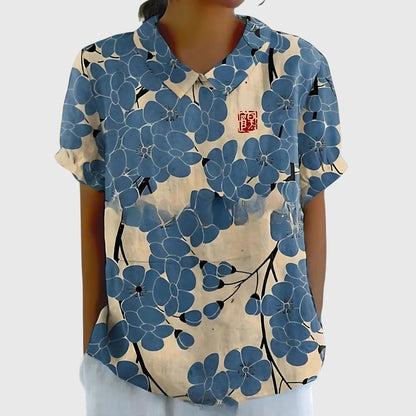 Jenna | Floral Print Collared Short Sleeve Casual Linen Blouse