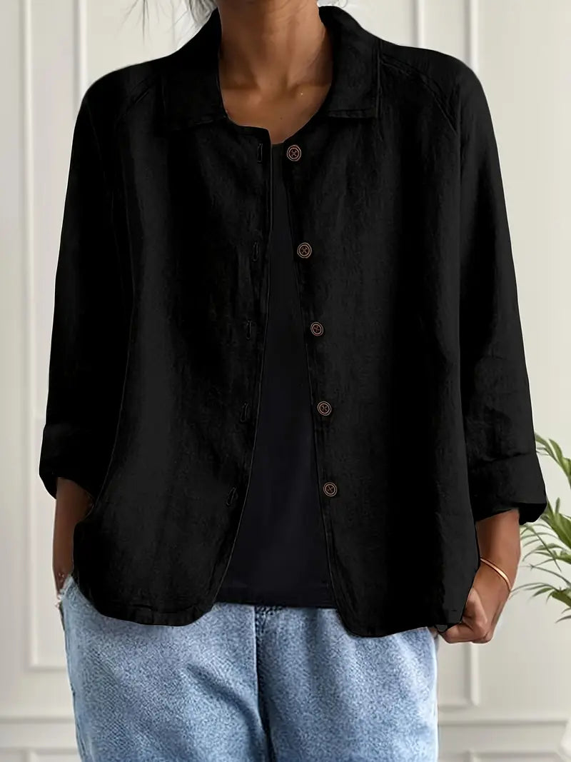 Reese | Lapel Collar Button Down 3/4 Sleeve Relaxed Casual Blouse