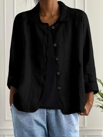 Reese | Lapel Collar Button Down 3/4 Sleeve Relaxed Casual Blouse