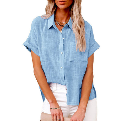 Yara | Women's Cotton Linen Blend Short Sleeve Button Down Blouse