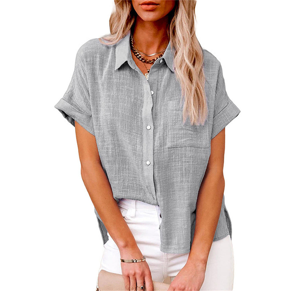 Yara | Women's Cotton Linen Blend Short Sleeve Button Down Blouse