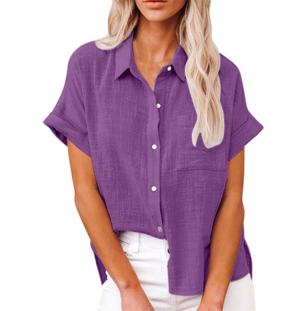 Yara | Women's Cotton Linen Blend Short Sleeve Button Down Blouse