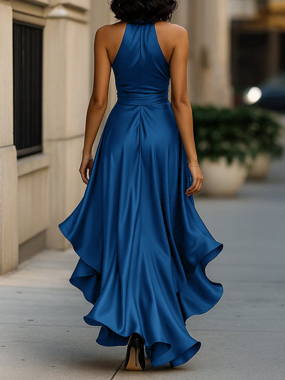 Callie | Women's Satin Halter Wrap Ruffle Hem Evening Maxi Dress