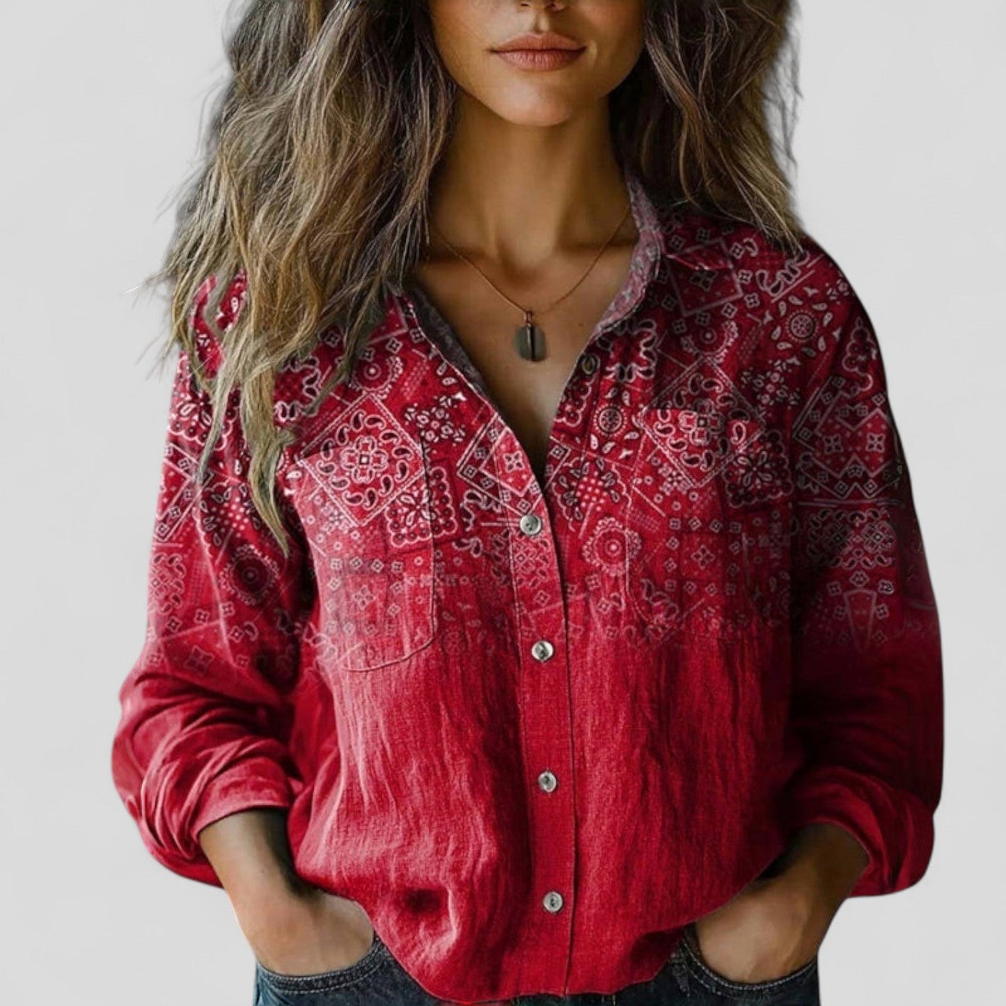 Lorenhilde | Colorblock Floral Long Sleeve Button Down Casual Boho Blouse