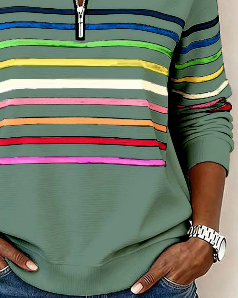 Remi | Multicolor Stripe Quarter Zip Stand Collar Casual Sweatshirt