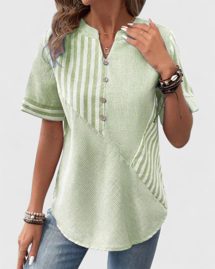 Gigi | Striped Colorblock Short Sleeve Stand Collar Casual Blouse
