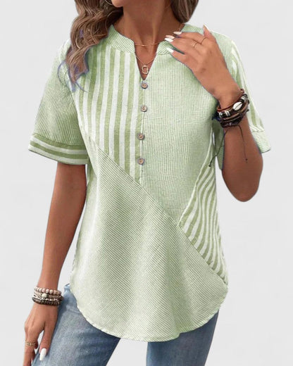 Gigi | Striped Colorblock Short Sleeve Stand Collar Casual Blouse