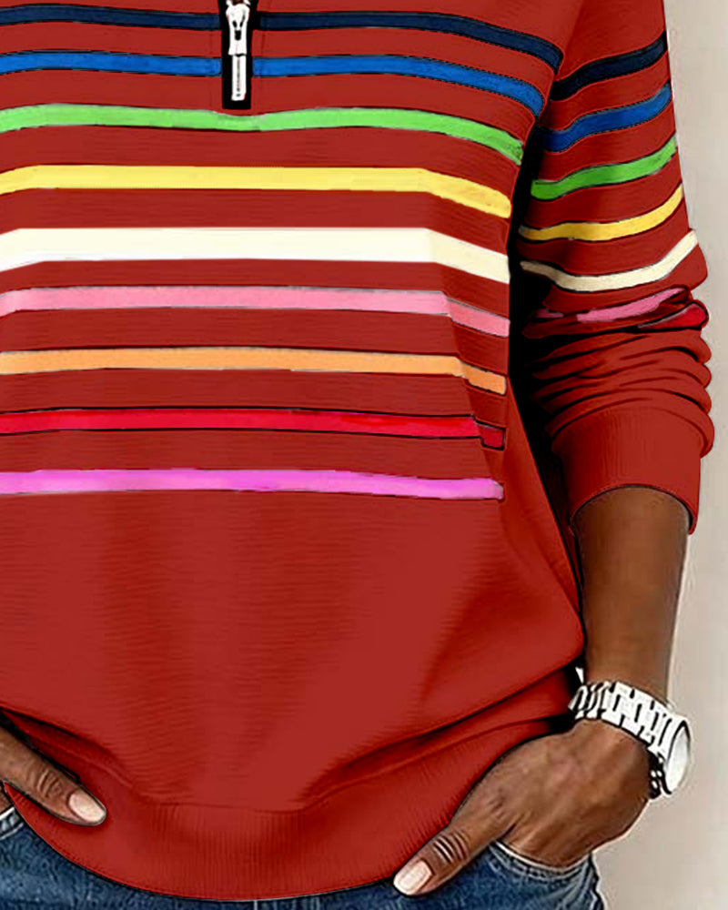 Remi | Multicolor Stripe Quarter Zip Stand Collar Casual Sweatshirt